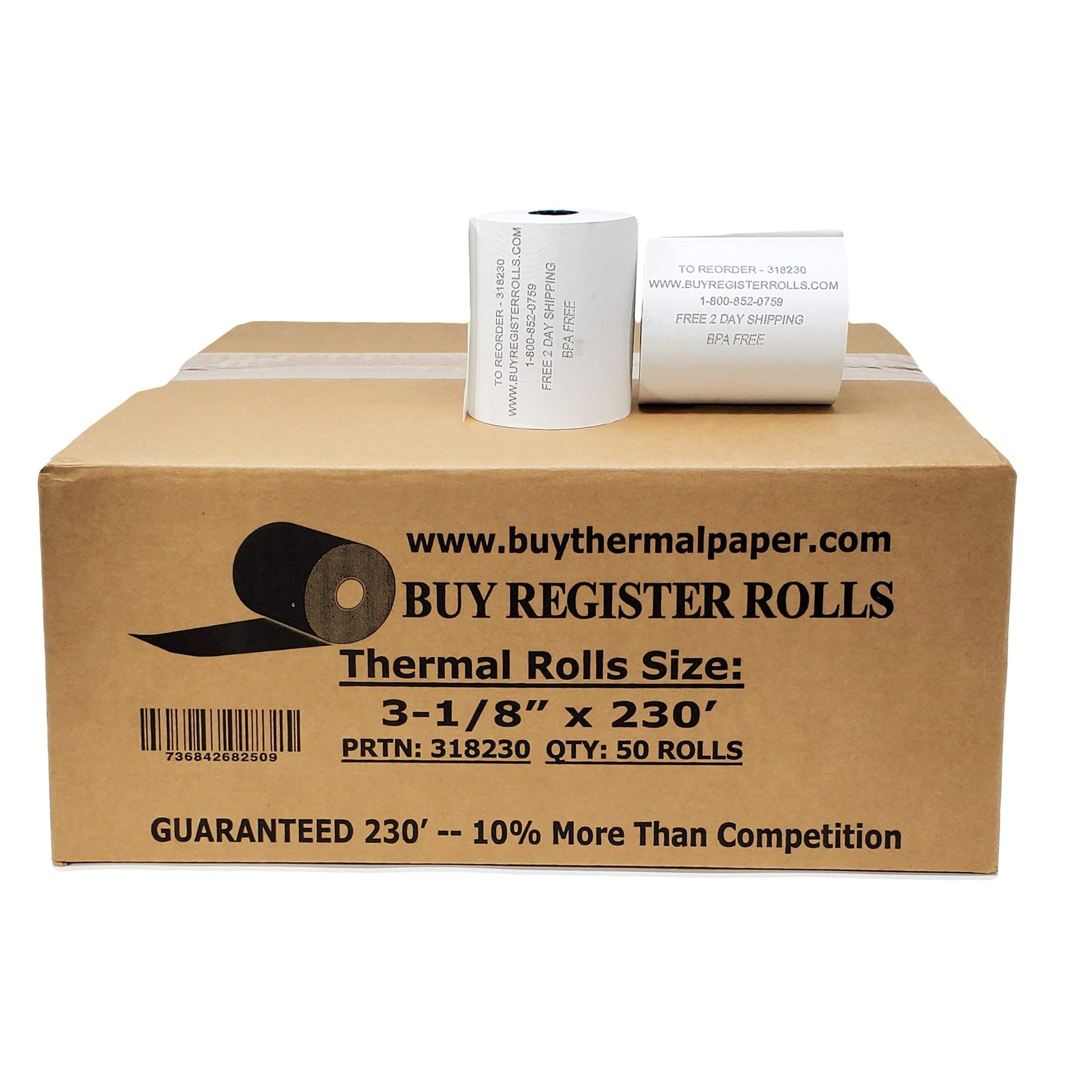  (55 GSM Paper Thickness Coreless) 3-1/8 x 230' (50 Rolls - 1  Case) Bpa Free Thermal Receipt Printer Paper, No Branding, Blank Tabs