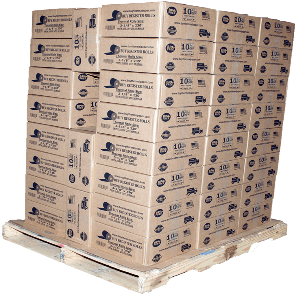 3 1/8 x 230 thermal paper roll 50 pack | 10% More Paper | 50 Cases on a Pallet - Bulk Price - Pallet Price pos paper rolls 3 1/8